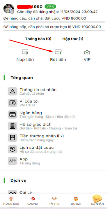 Đăng nhập rút tiền 