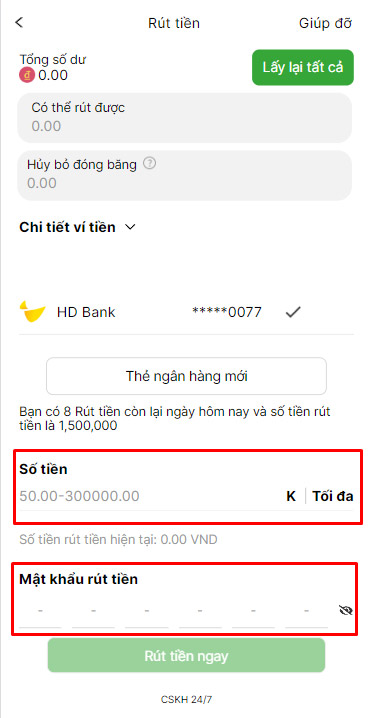 Điền thông tin rút tiền